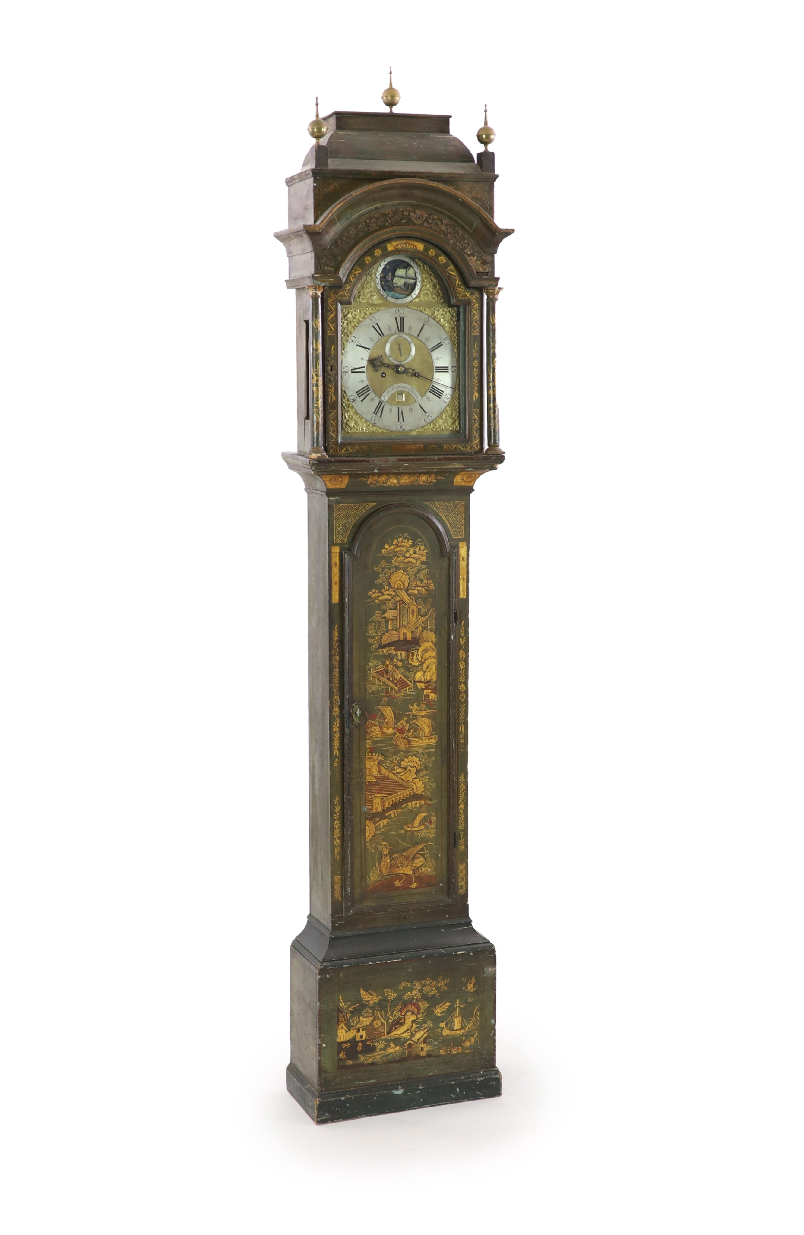 William Pridham, London. A George III green lacquered longcase clock, W.51cm H.136cm
